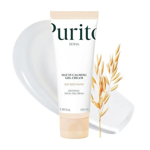 Purito Oat-in Calming Gel Cream in a white jar with blue accents, showing the soothing, lightweight texture of the skincare product.