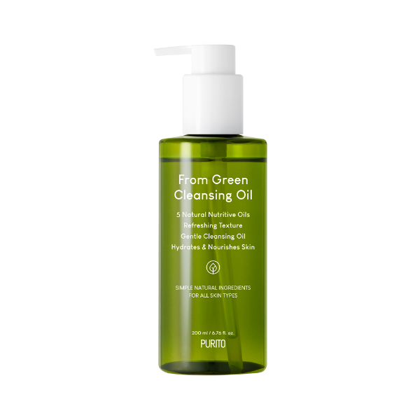 SELENAIRE Purito From Green Cleansing Oil bottle with pump, showing clear plastic container and green label for gentle skincare.
