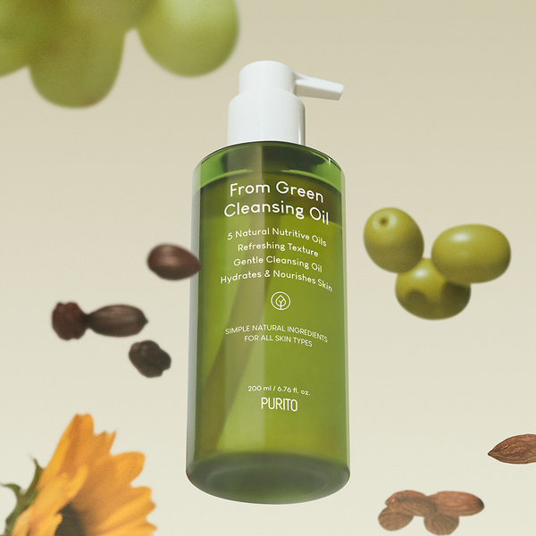 Purito From Green Cleansing Oil bottle with pump dispenser, shown on a white background, part of Selenaire's skincare collection.