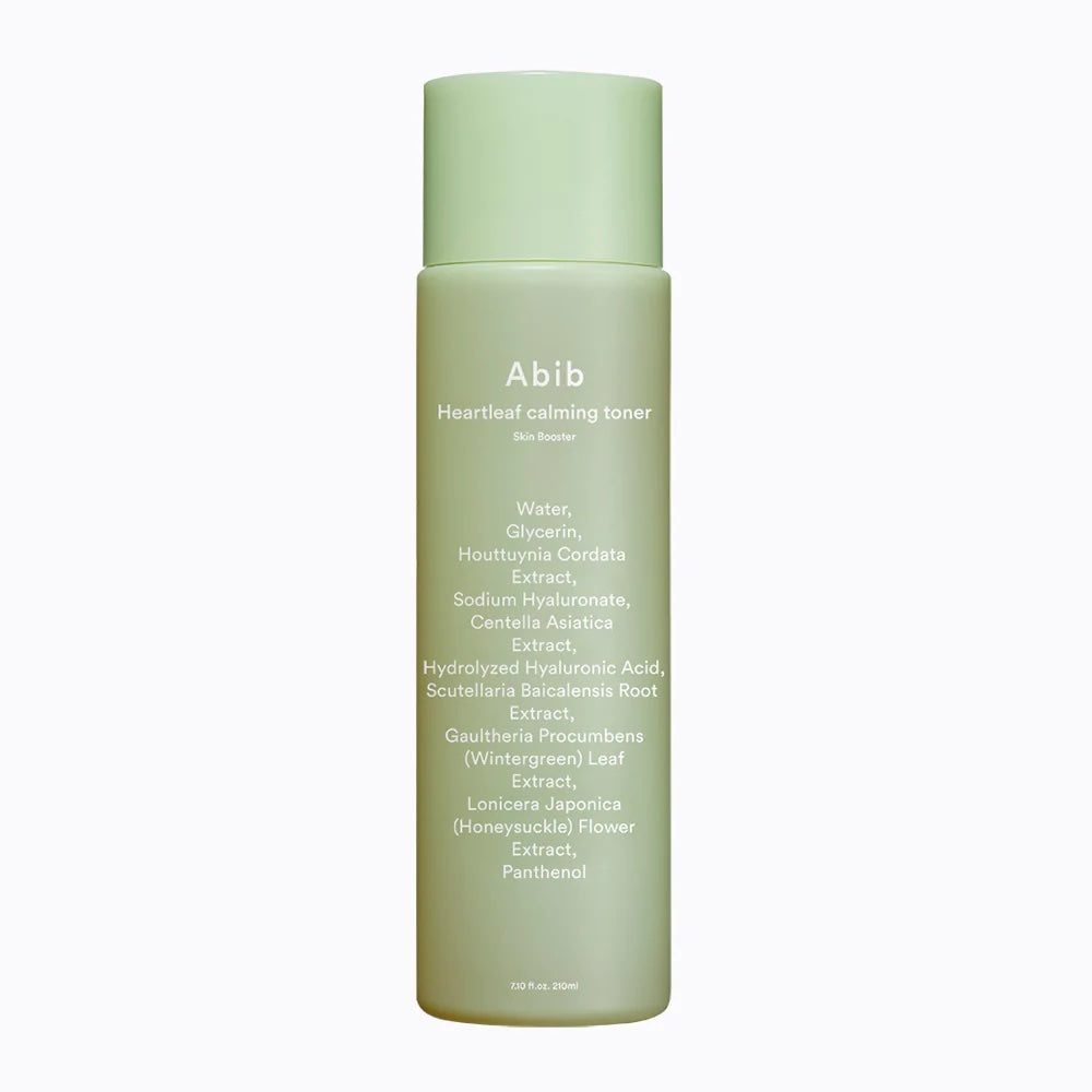 Abib Heartleaf calming toner and skin booster in a clear bottle with a white cap, designed for soothing skin.