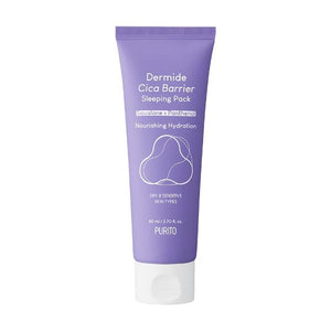 Purito Dermide Cica Barrier Sleeping Pack jar with green and white packaging, showcasing the skincare product on a clean background.