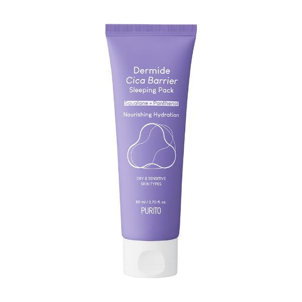 Purito Dermide Cica Barrier Sleeping Pack jar with green and white packaging, showcasing the skincare product on a clean background.