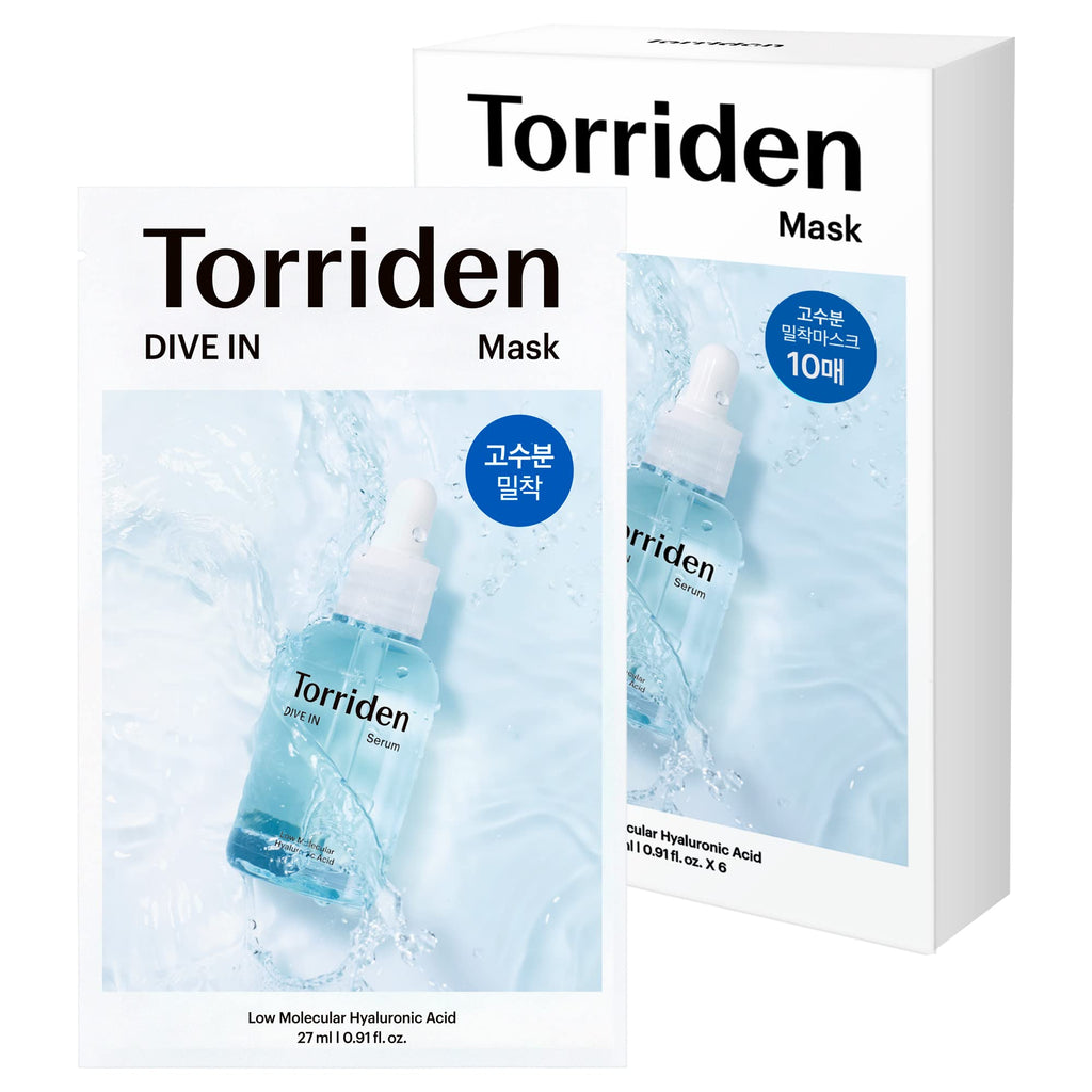 Selenaire Torriden DIVE IN Hyaluronic Acid Mask, 10 sheet pack, featuring moisturizing, low molecular hyaluronic acid for hydrated skin.