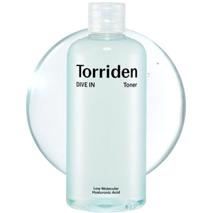 Torriden DIVE IN Low Molecular Hyaluronic Acid Toner bottle with clear label showing hyaluronic acid product for hydrating skin