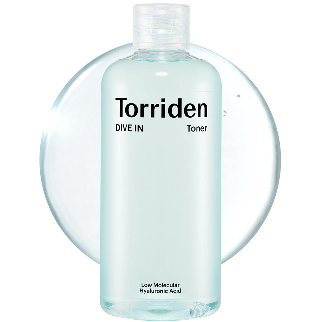 Torriden DIVE IN Low Molecular Hyaluronic Acid Toner bottle with clear label showing hyaluronic acid product for hydrating skin