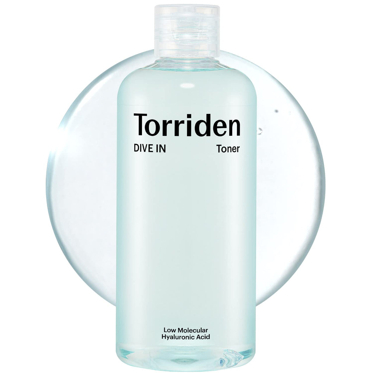 Torriden DIVE IN Low Molecular Hyaluronic Acid Toner bottle with clear label showing hyaluronic acid product for hydrating skin