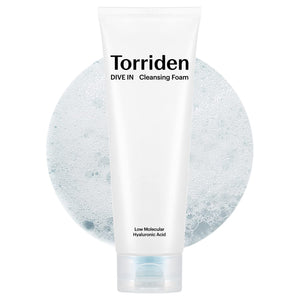 Selenaire Torriden DIVE IN Hyaluronic Acid Cleansing Foam with low molecular hyaluronic acid, showing the foam's creamy texture in a jar.