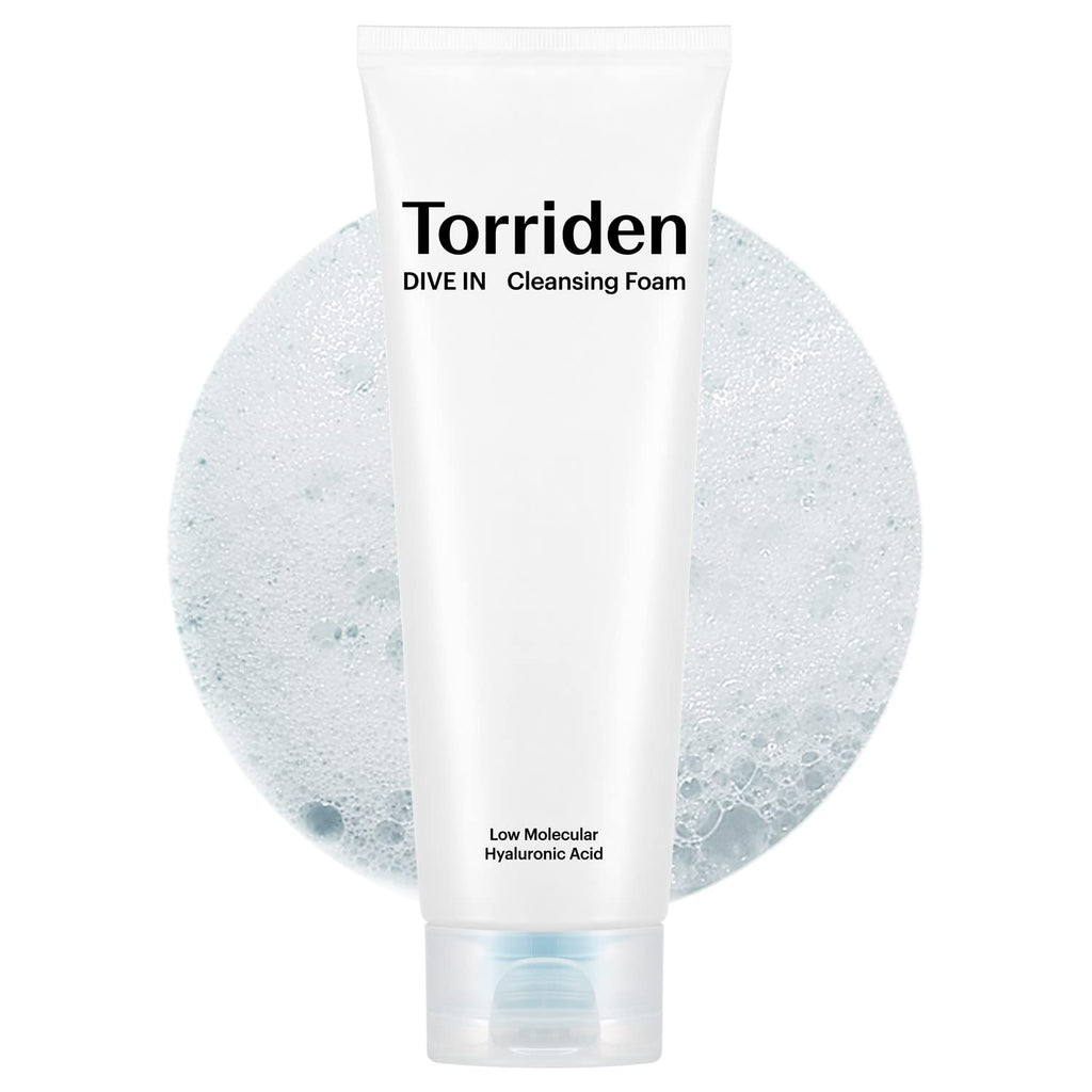 Selenaire Torriden DIVE IN Hyaluronic Acid Cleansing Foam with low molecular hyaluronic acid, showing the foam's creamy texture in a jar.