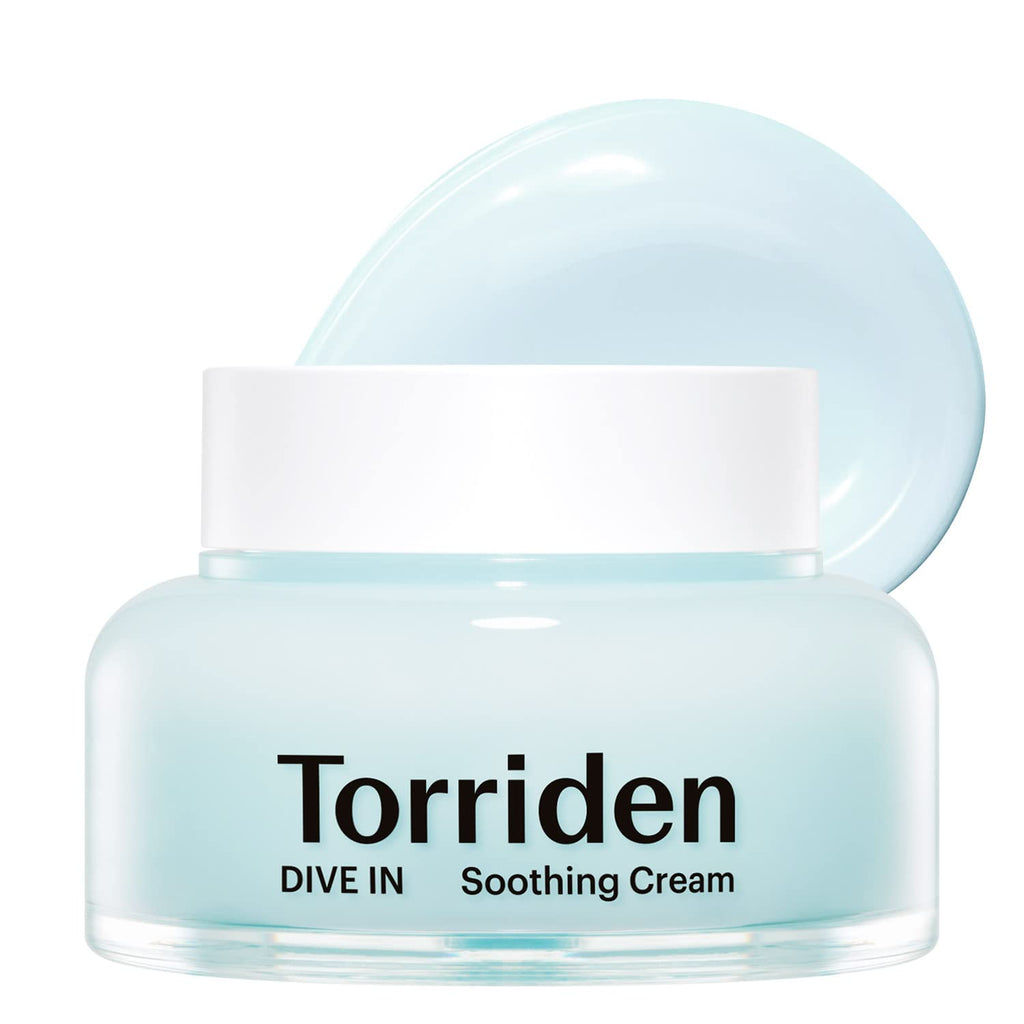 Selenaire Torriden Dive In Hyaluronic Acid Soothing Cream jar with white lid and clear label, close-up of product on white background.