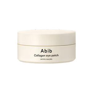 Abib Collagen Eye Patch Jericho Rose Jelly by SELENAIRE, showing 60 soothing eye patches with rose design in a clear container.