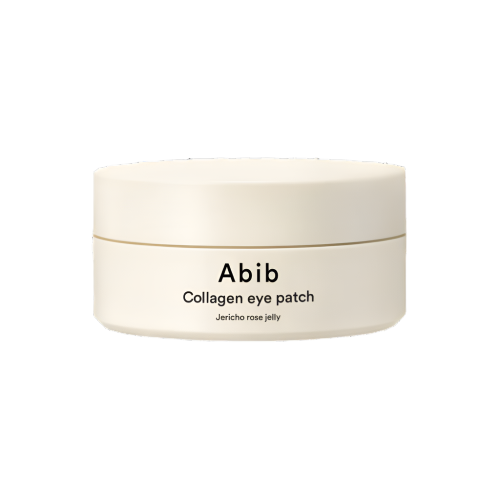 Abib Collagen Eye Patch Jericho Rose Jelly by SELENAIRE, showing 60 soothing eye patches with rose design in a clear container.