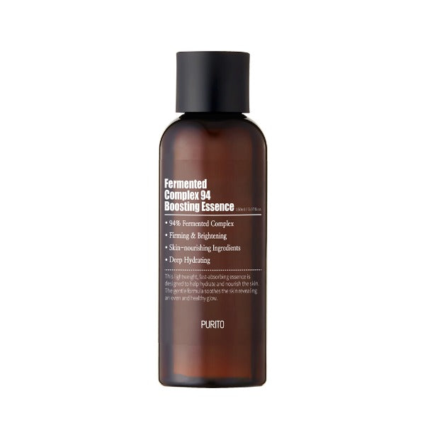 Bottle of Purito Fermented Complex 94 Boosting Essence by SELENAIRE with a clear label and dropper cap on a neutral background.