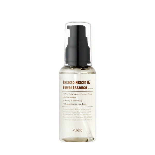 Purito Galacto Niacin 97 Power Essence bottle with label, clear liquid inside, and dropper applicator for skincare.