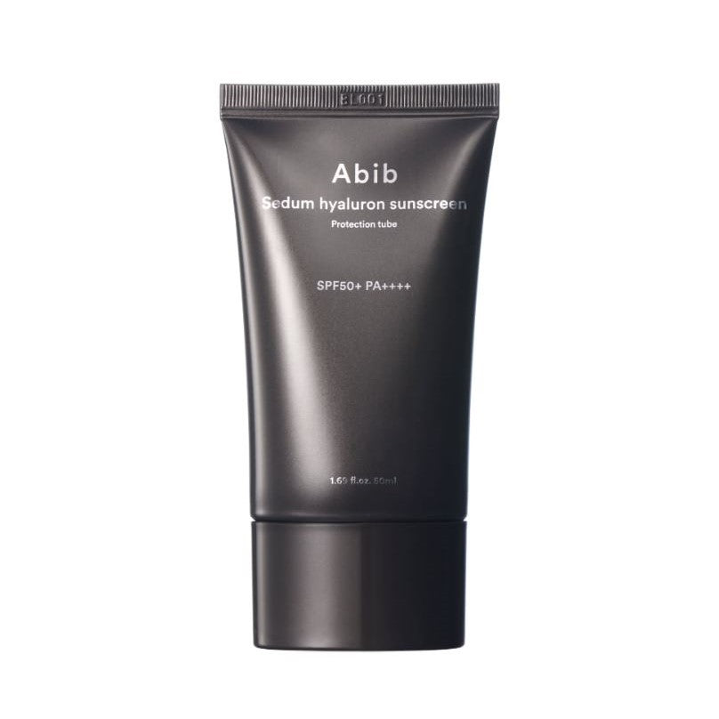 Abib Sedum Hyaluron Sunscreen SPF50+ tube with protective cap, featuring a sleek design and product details on the label.