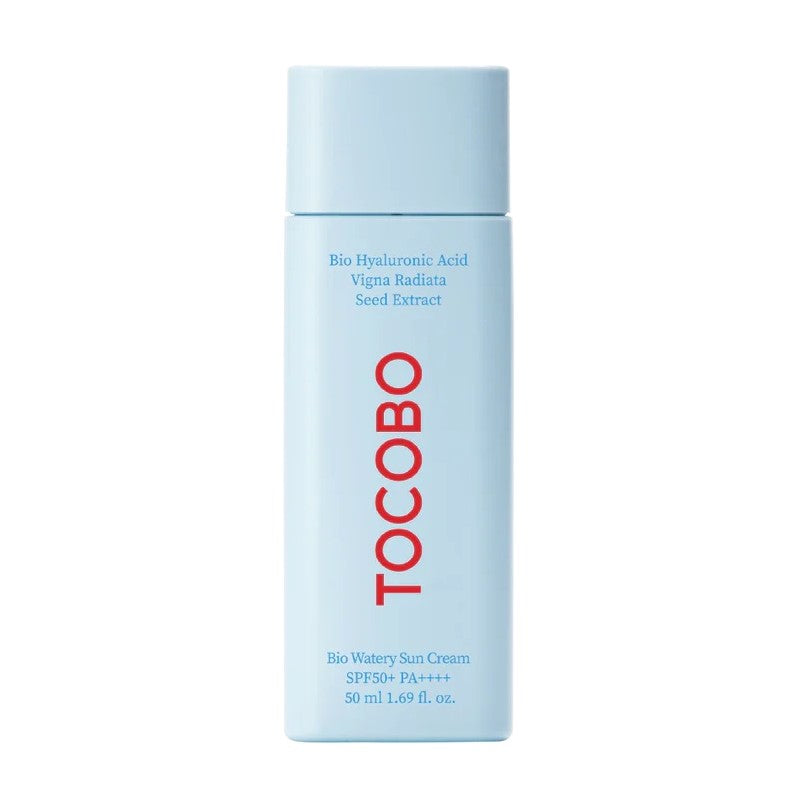 Selenaire Tocobo Bio Watery Sun Cream SPF 50 in a white tube with a blue cap, showing the product label and packaging.
