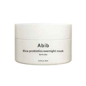 Abib Rice Probiotics Overnight Mask Barrier Jelly in a jar with a smooth, creamy texture, designed for nourishing skin.