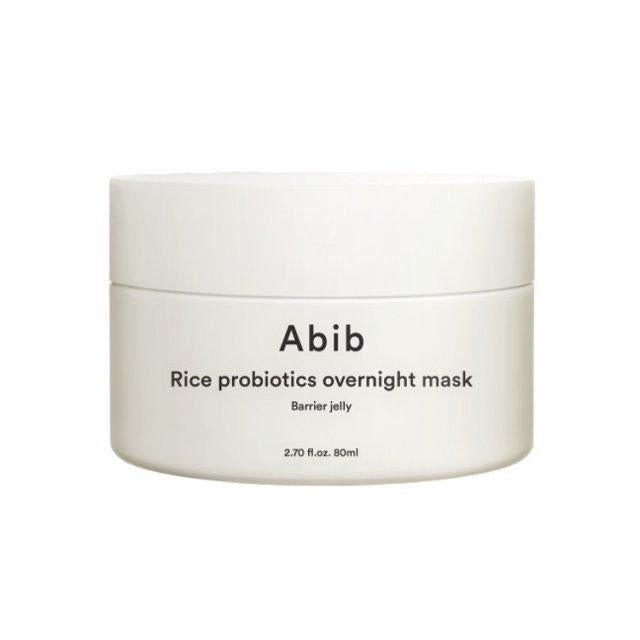 Abib Rice Probiotics Overnight Mask Barrier Jelly in a jar with a smooth, creamy texture, designed for nourishing skin.