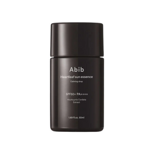 Abib Heartleaf Sun Essence Calming Drop bottle with dropper, featuring heartleaf plant extract for soothing skin care.