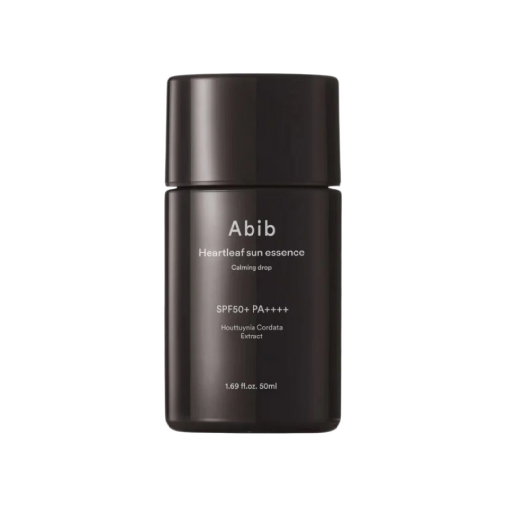 Abib Heartleaf Sun Essence Calming Drop bottle with dropper, featuring heartleaf plant extract for soothing skin care.