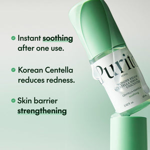 Purito Wonder Releaf Centella Serum Unscented in a clear glass bottle with dropper, showing the skincare product on a white background.