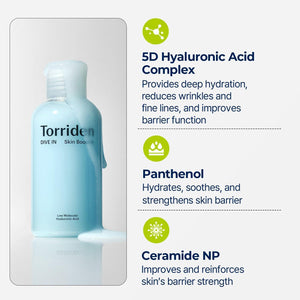 Selenaire Torriden Dive In Hyaluronic Acid Skin Booster in a dropper bottle, highlighting its clear liquid formula and skincare packaging.