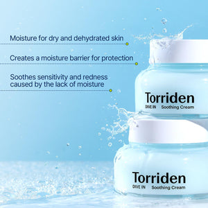 Selenaire Torriden DIVE IN Low Molecular Hyaluronic Acid Soothing Cream in a jar with a light blue label and white lid.