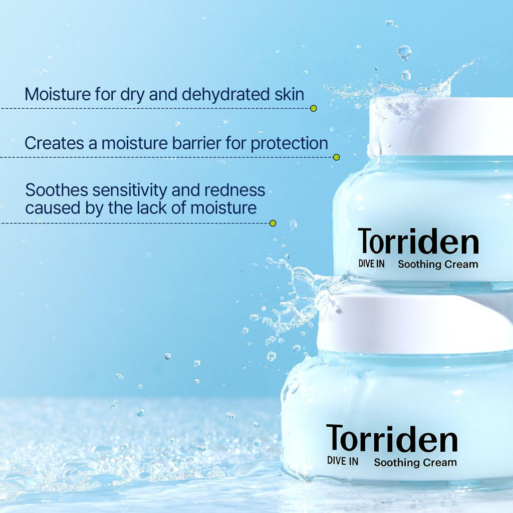 Selenaire Torriden DIVE IN Low Molecular Hyaluronic Acid Soothing Cream in a jar with a light blue label and white lid.