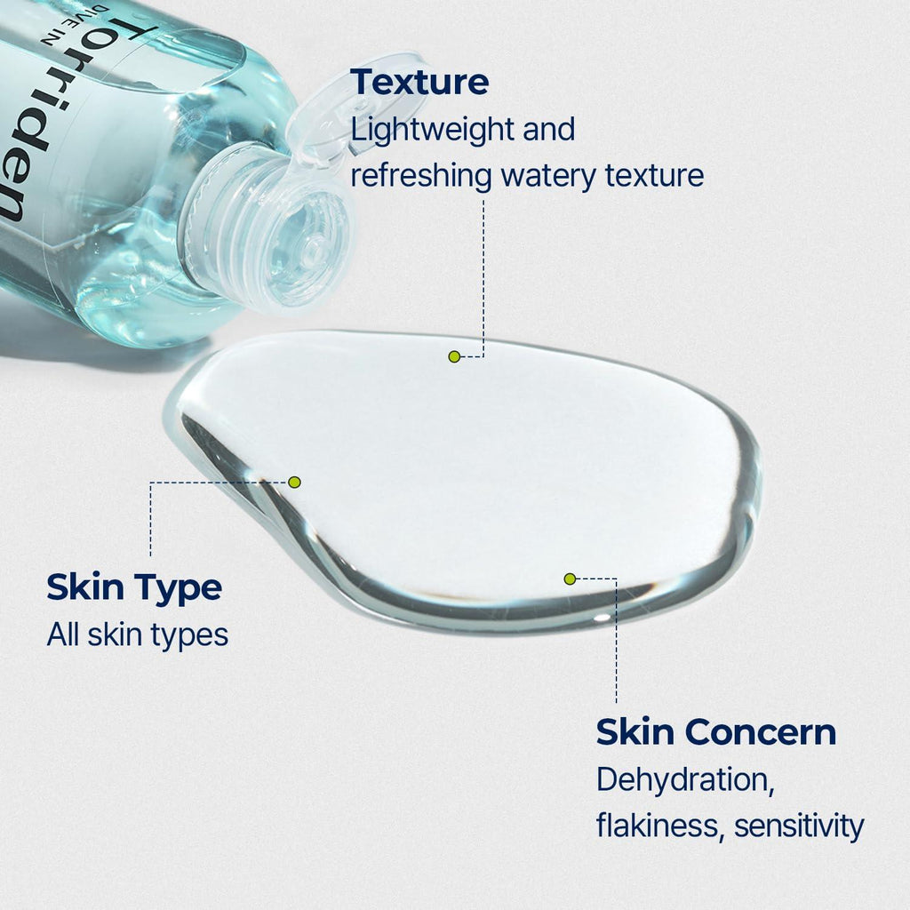 Selenaire Torriden Dive In hyaluronic acid toner in a clear glass bottle with a pump dispenser, showing its hydrating formula.