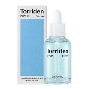 Torriden DIVE IN Low Molecular Hyaluronic Acid Serum bottle with dropper, clear packaging, and blue label, skincare product.