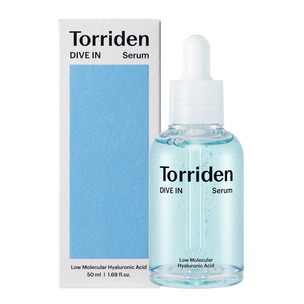 Torriden DIVE IN Low Molecular Hyaluronic Acid Serum bottle with dropper, clear packaging, and blue label, skincare product.