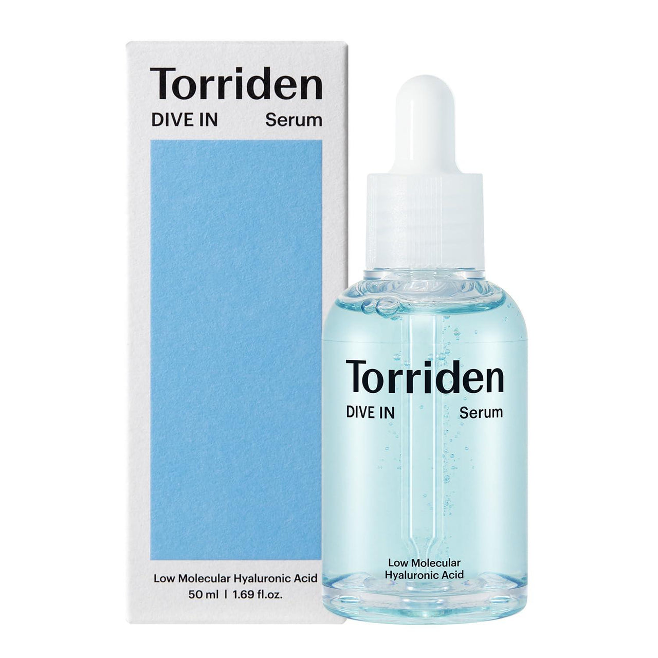 Torriden DIVE IN Low Molecular Hyaluronic Acid Serum bottle with dropper, clear packaging, and blue label, skincare product.