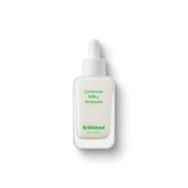 Selenaire By Wishtrend Ceramide Milky Ampoule in a clear dropper bottle, showcasing a skincare serum with a milky texture.