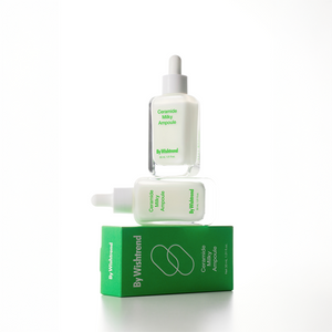 Selenaire By Wishtrend Ceramide Milky Ampoule bottle with dropper, white and blue packaging, skincare product for hydration and barrier repair.