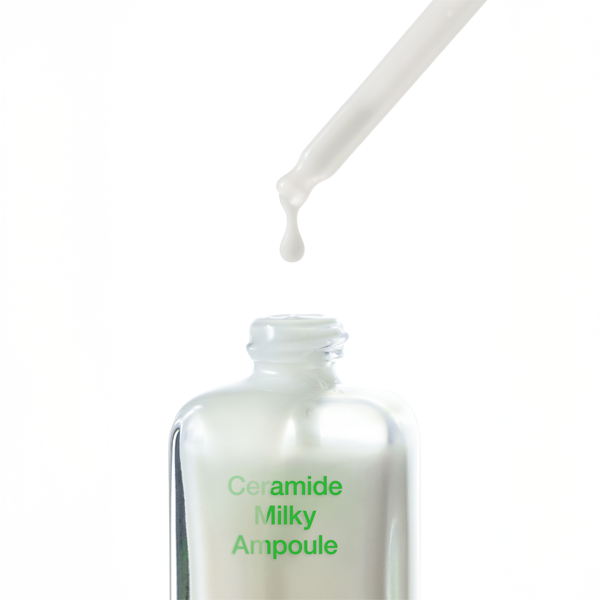 Selenaire By Wishtrend Ceramide Milky Ampoule in a dropper bottle, showcasing smooth, milky skincare formula for hydration and skin barrier.