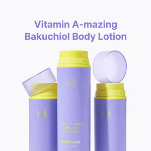 Selenaire By Wishtrend Vitamin A-mazing Bakuchiol Body Lotion bottle with pump, creamy texture and label visible.