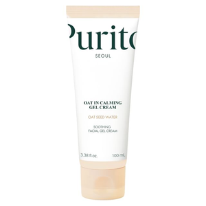 Purito Oat-in Calming Gel Cream in a jar, featuring a soothing, lightweight formula for sensitive skin, with a clear lid and product label