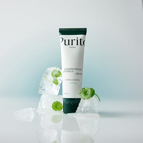 Purito Wonder Releaf Centella Cream jar with green and white packaging, featuring a smooth cream texture.