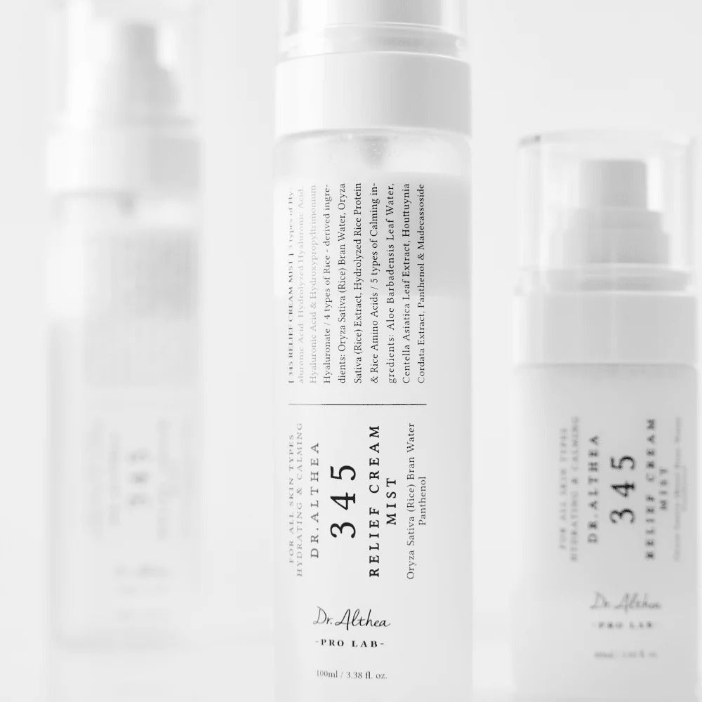 Two skincare bottles labeled '345 Relief Cream' by Dr. Aethos on a white background.