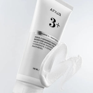 Anua 3 Ceramide Panthenol Moisture Barrier Cream jar with white lid and label, showcasing the skincare product on a neutral background.