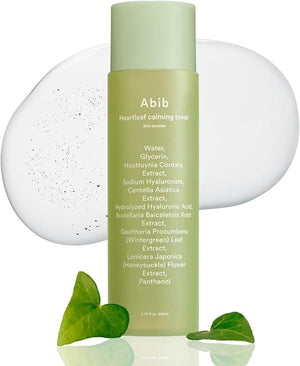 Abib Heartleaf calming toner and skin booster in a clear bottle with a white cap, designed for soothing and refreshing skin care.
