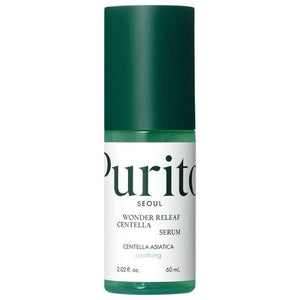 Purito Wonder Releaf Centella Serum bottle with dropper, featuring a sleek design and green label, on a white background.