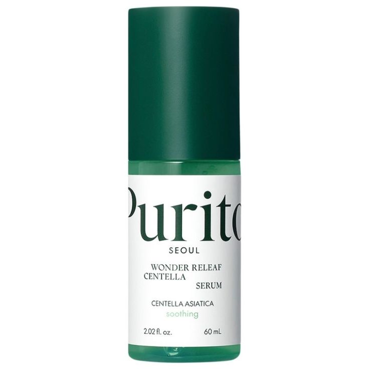 Purito Wonder Releaf Centella Serum bottle with dropper, featuring a sleek design and green label, on a white background.