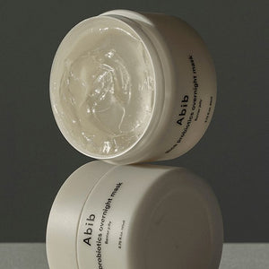 Abib Rice Probiotics Overnight Mask Barrier Jelly in a jar, showcasing its smooth, jelly-like texture and nourishing skincare benefits.