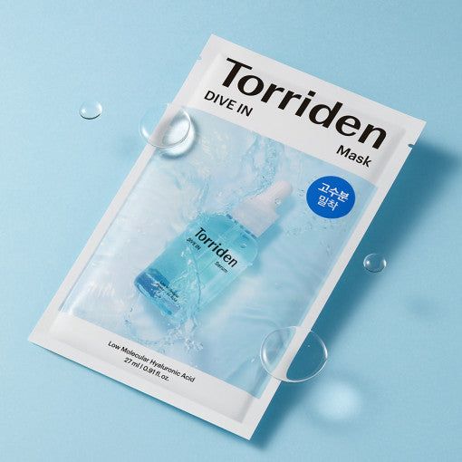 Selenaire Torriden DIVE IN Low Molecular Hyaluronic Acid Mask sheets in a box, showing the skincare product for hydration and moisture.