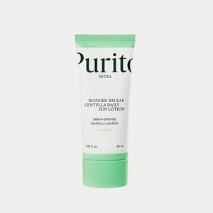 SELENAIRE Purito Wonder Releaf Centella Daily Sun Lotion SPF50+ with soothing centella, shown in a sleek tube for daily skincare.