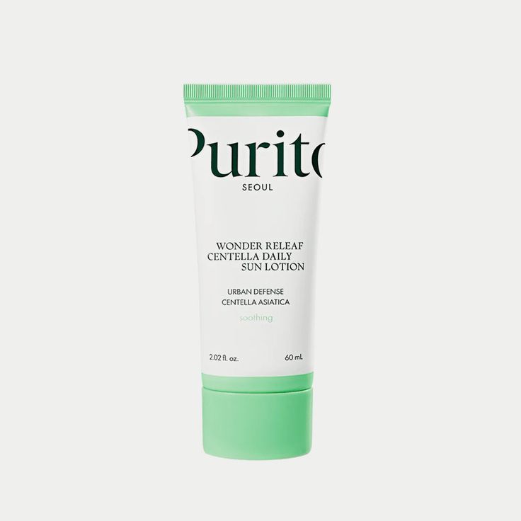 SELENAIRE Purito Wonder Releaf Centella Daily Sun Lotion SPF50+ with soothing centella, shown in a sleek tube for daily skincare.