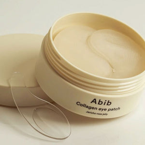 Abib Collagen Eye Patch Jericho Rose Jelly from SELENAIRE, showing a close-up of the hydrating eye patches in a jar with rose design.