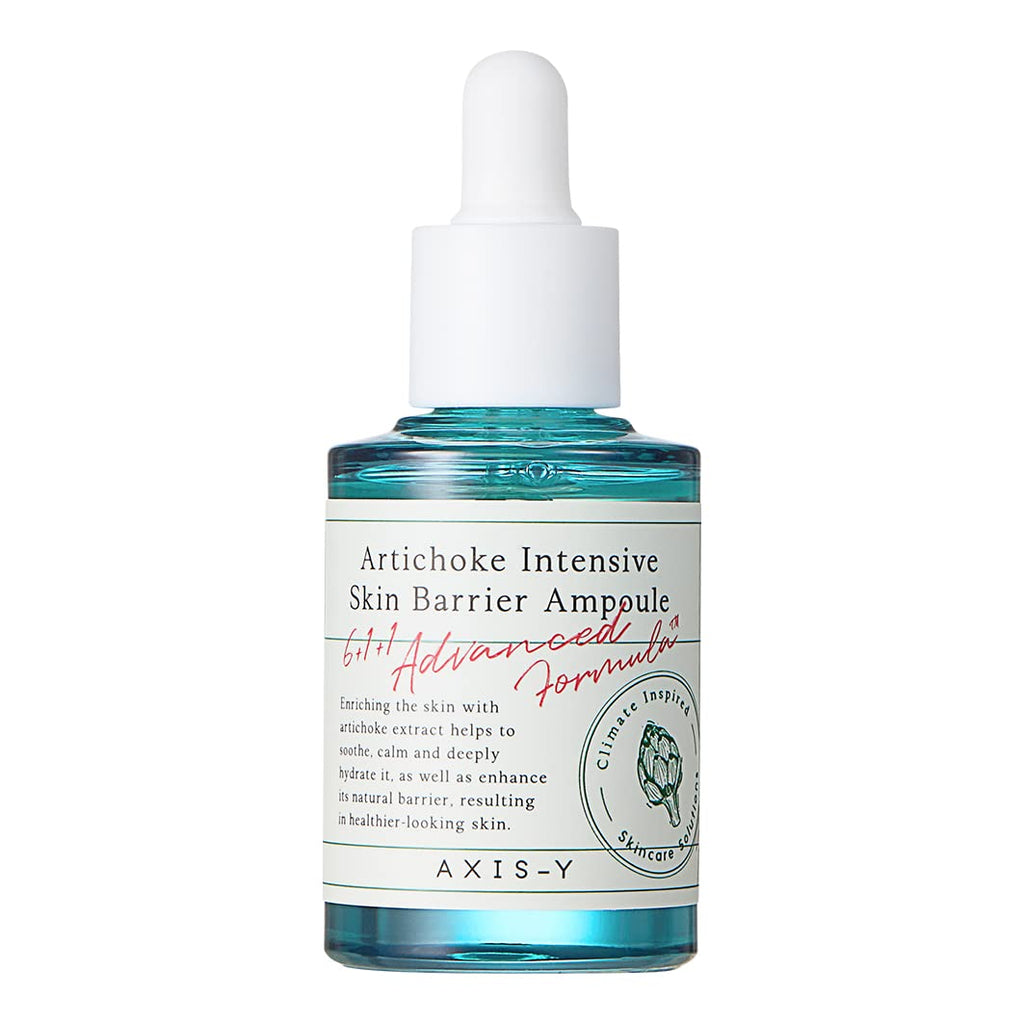 Selenaire AXIS-Y Artichoke Intensive Skin Barrier Ampoule bottle with dropper, close-up view of the skincare product.