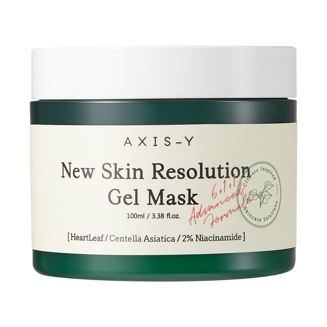 Selenaire AXIS-Y New Skin Resolution Gel Mask applied on clean face, showcasing a hydrating, soothing skincare treatment.