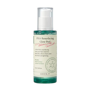 AXIS-Y PHA Resurfacing Glow Peel bottle with label and applicator, designed for gentle skin exfoliation and brightening.